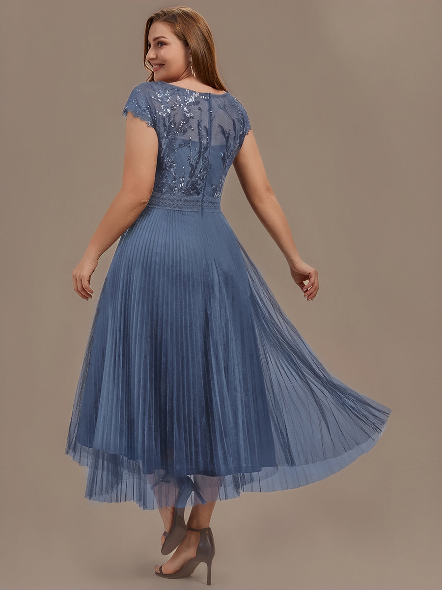 See-through Glitter Cap Sleeve A-Line Wedding Guest Dress