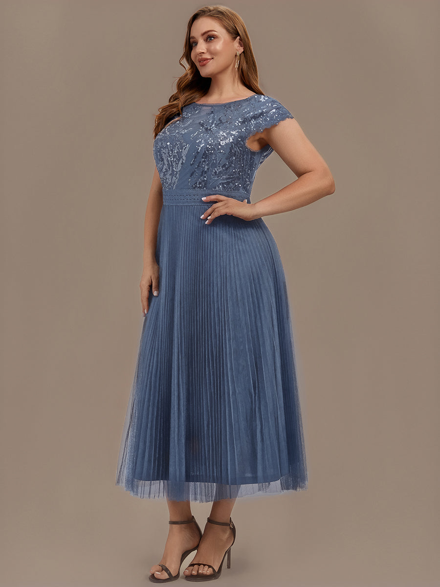 See-through Glitter Cap Sleeve A-Line Wedding Guest Dress
