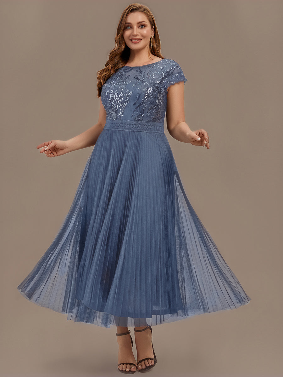 See-through Glitter Cap Sleeve A-Line Wedding Guest Dress