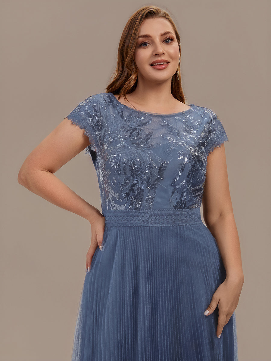 See-through Glitter Cap Sleeve A-Line Wedding Guest Dress