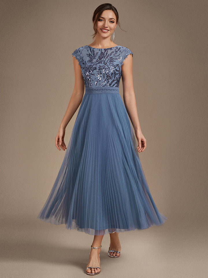 See-through Glitter Cap Sleeve A-Line Wedding Guest Dress
