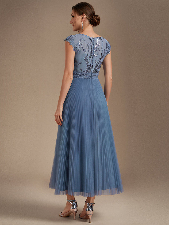 See-through Glitter Cap Sleeve A-Line Wedding Guest Dress