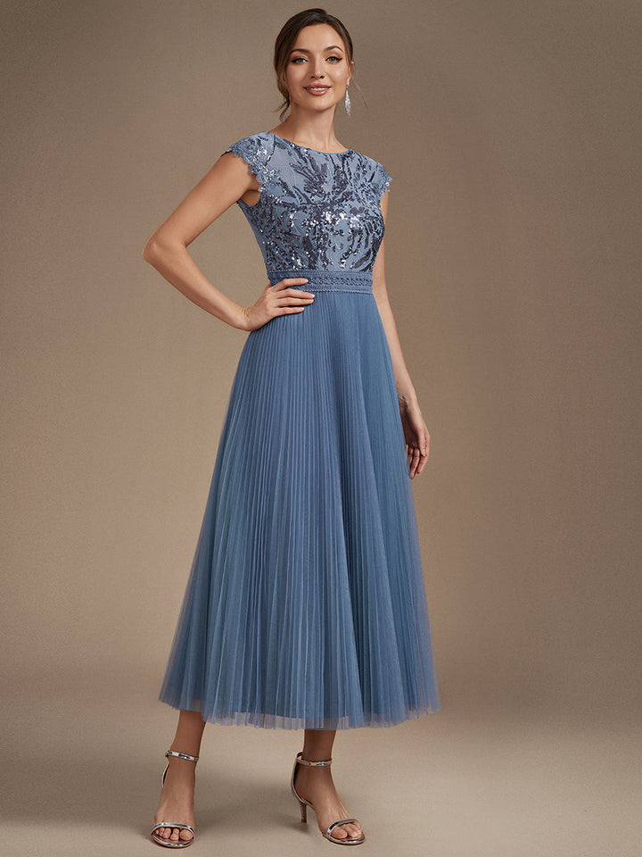 See-through Glitter Cap Sleeve A-Line Wedding Guest Dress