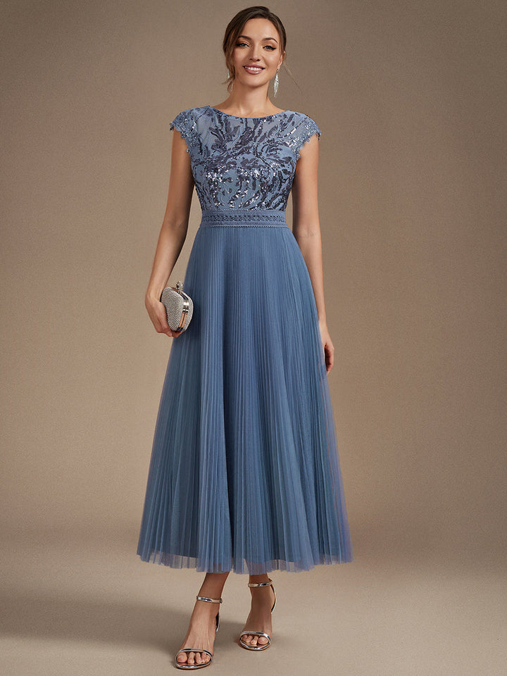 See-through Glitter Cap Sleeve A-Line Wedding Guest Dress