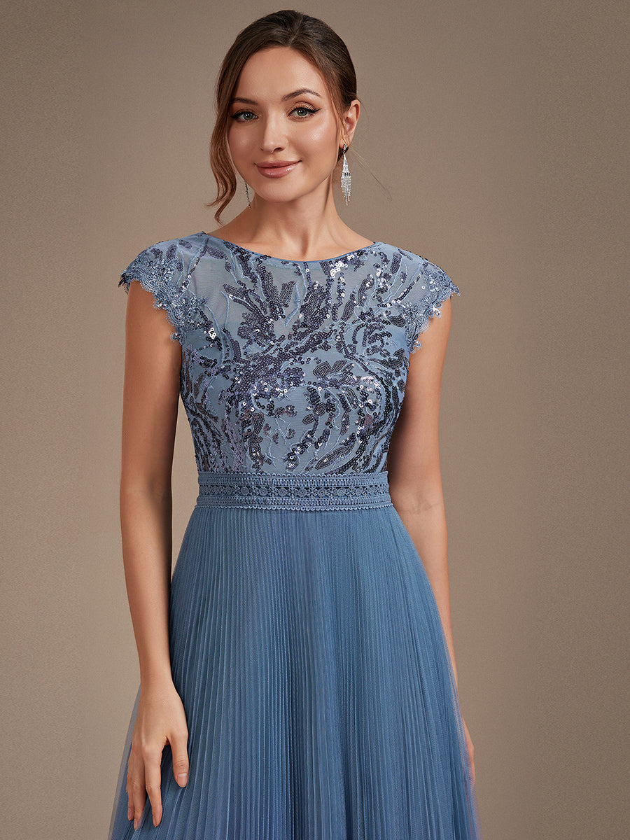 See-through Glitter Cap Sleeve A-Line Wedding Guest Dress