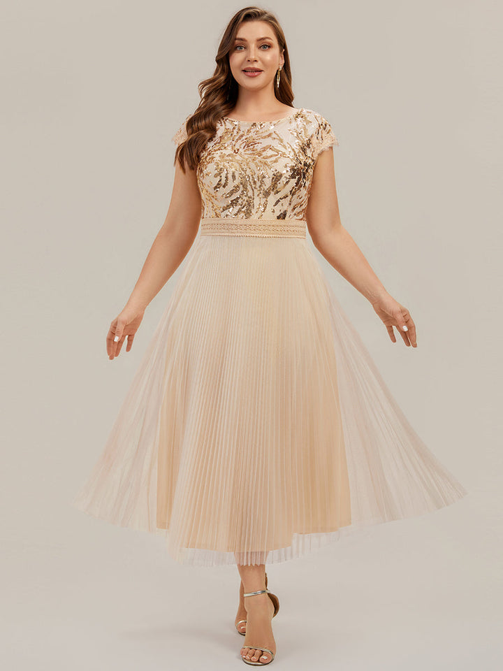See-through Glitter Cap Sleeve A-Line Wedding Guest Dress