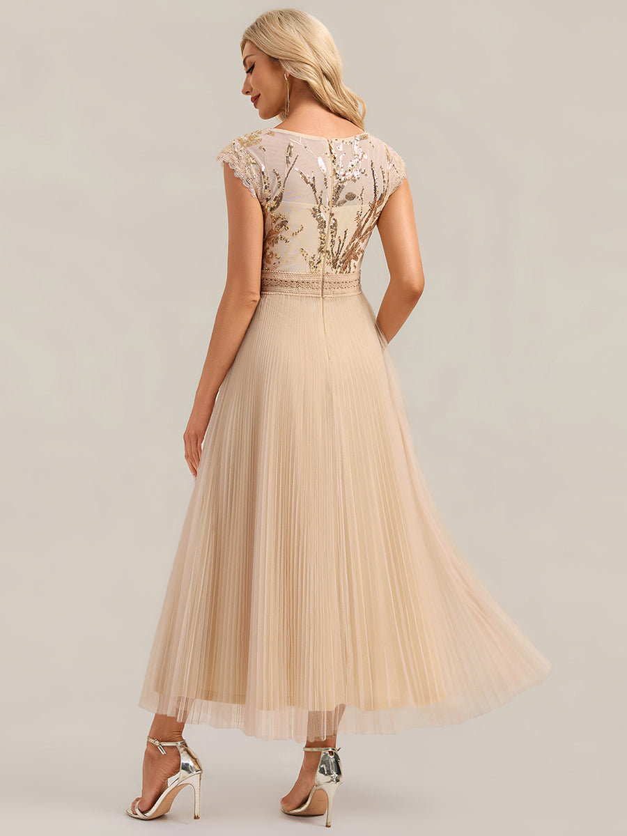 See-through Glitter Cap Sleeve A-Line Wedding Guest Dress