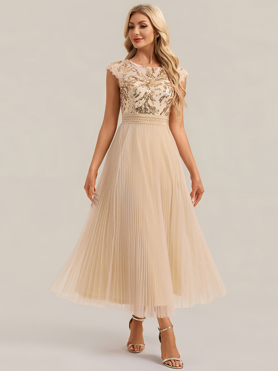 See-through Glitter Cap Sleeve A-Line Wedding Guest Dress