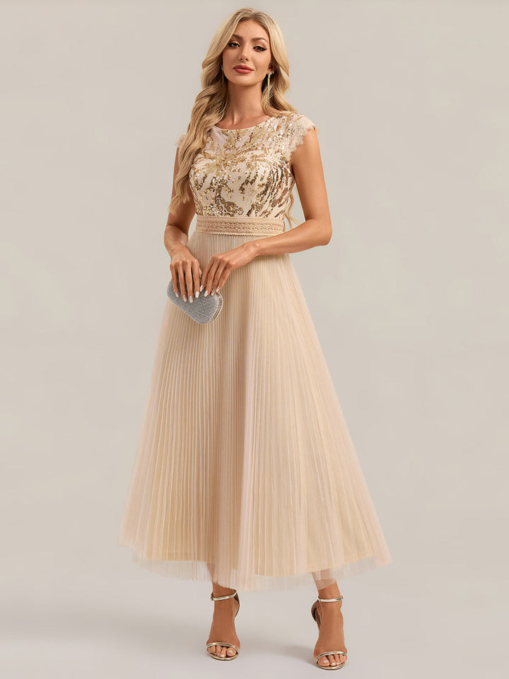 See-through Glitter Cap Sleeve A-Line Wedding Guest Dress