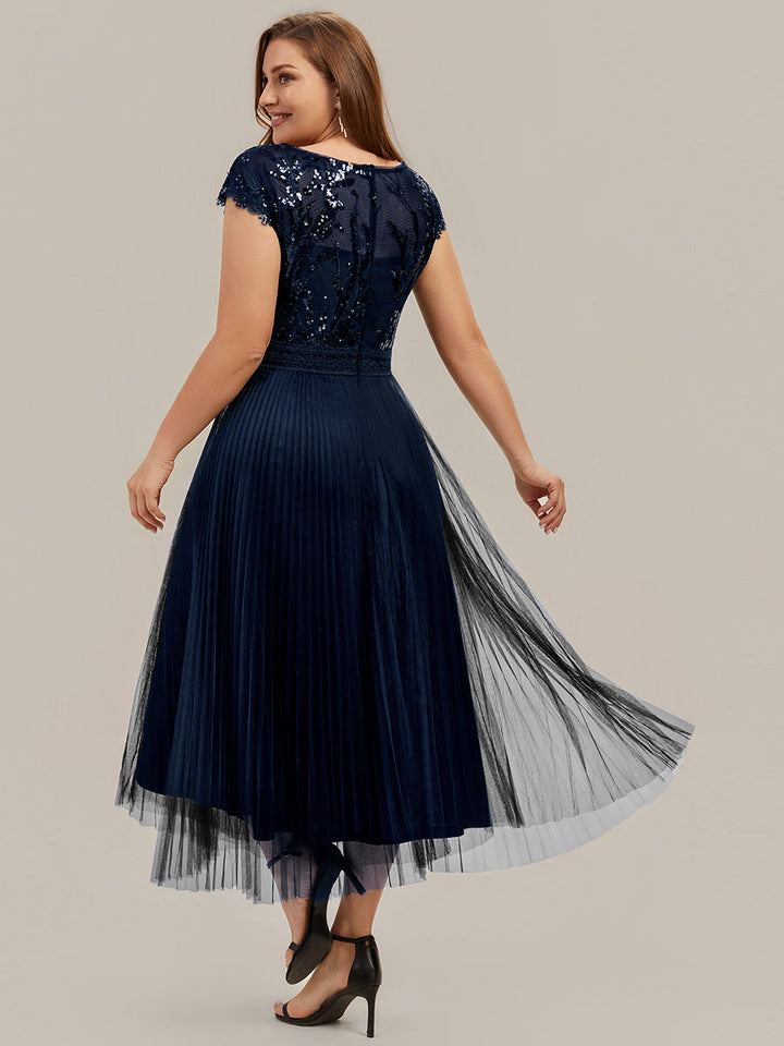 See-through Glitter Cap Sleeve A-Line Wedding Guest Dress
