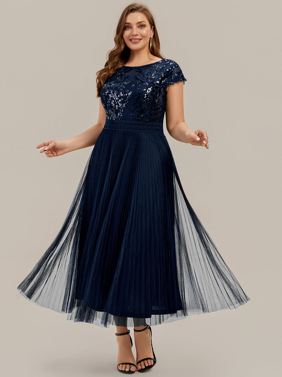 See-through Glitter Cap Sleeve A-Line Wedding Guest Dress
