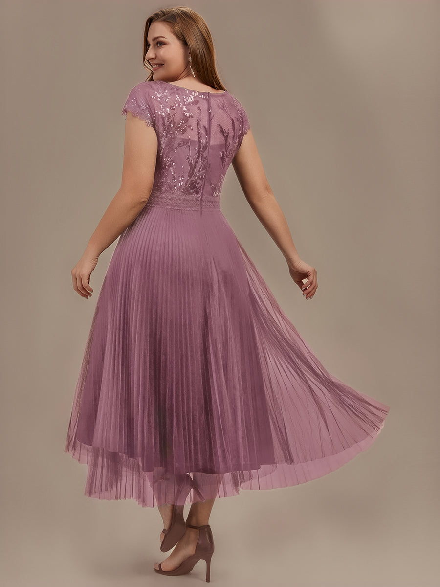 See-through Glitter Cap Sleeve A-Line Wedding Guest Dress
