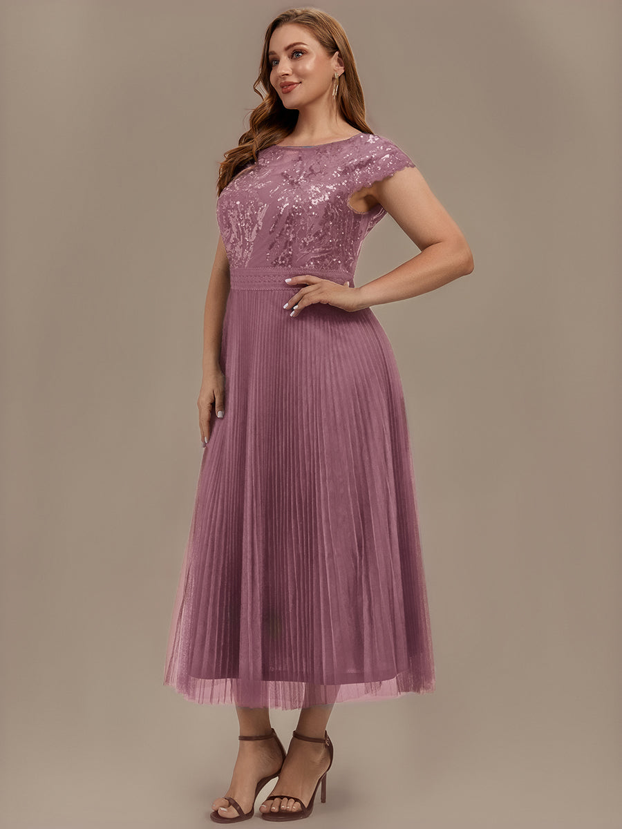 See-through Glitter Cap Sleeve A-Line Wedding Guest Dress
