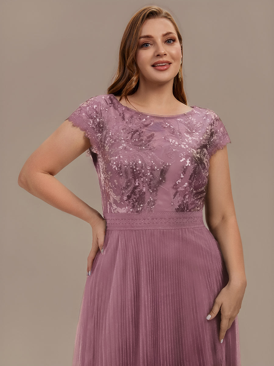 See-through Glitter Cap Sleeve A-Line Wedding Guest Dress