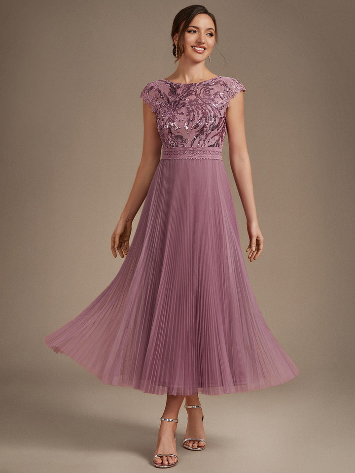 See-through Glitter Cap Sleeve A-Line Wedding Guest Dress