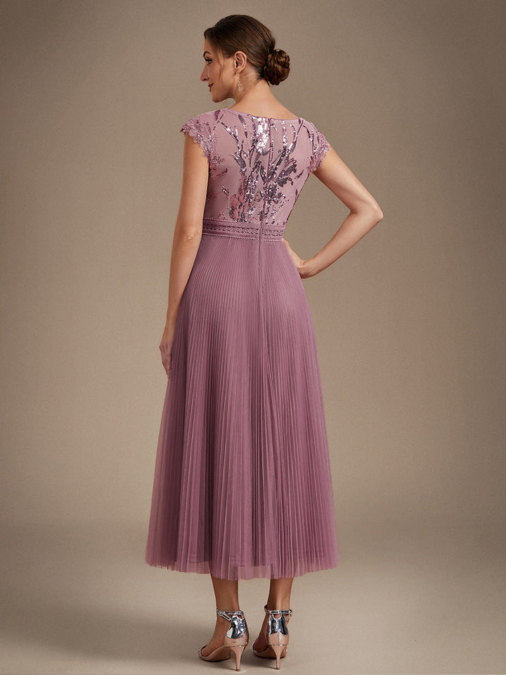 See-through Glitter Cap Sleeve A-Line Wedding Guest Dress