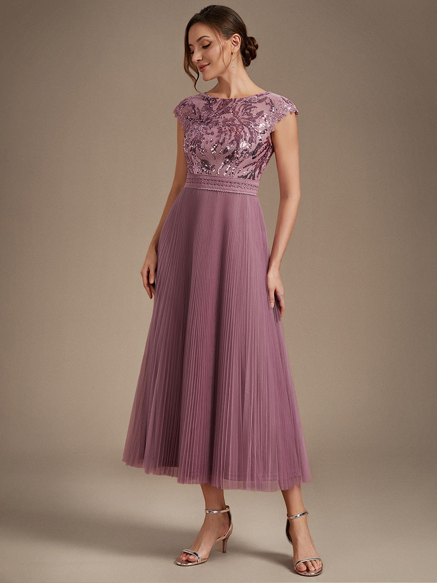 See-through Glitter Cap Sleeve A-Line Wedding Guest Dress