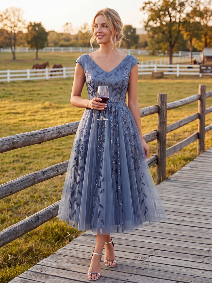 V-Neck Midi Sequin Sleeveless Wedding Guest Dress