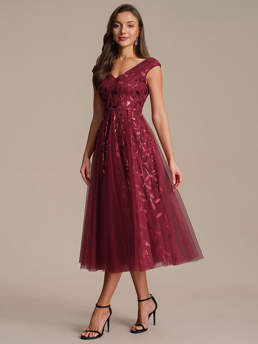 V-Neck Midi Sequin Sleeveless Wedding Guest Dress