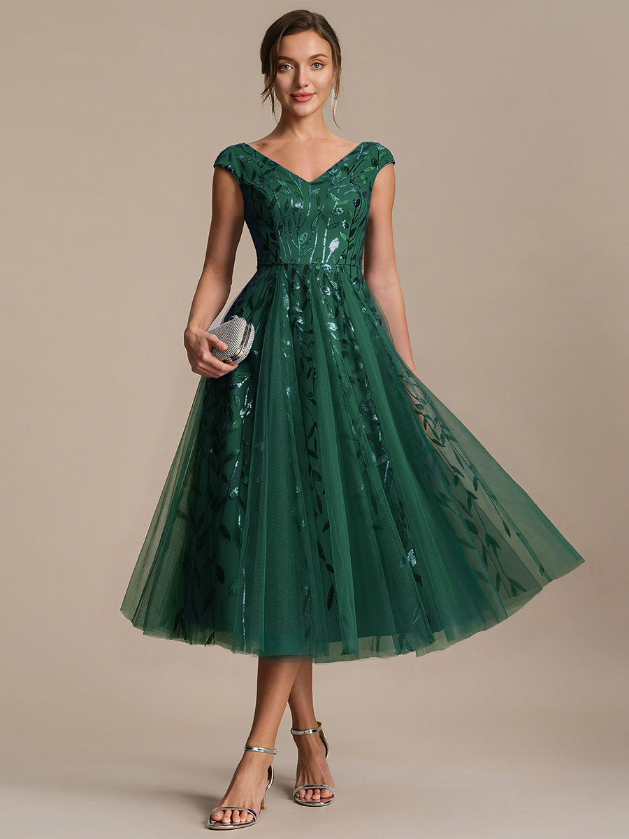 V-Neck Midi Sequin Sleeveless Wedding Guest Dress