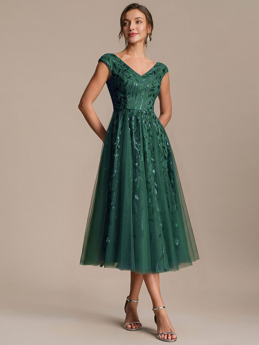 V-Neck Midi Sequin Sleeveless Wedding Guest Dress