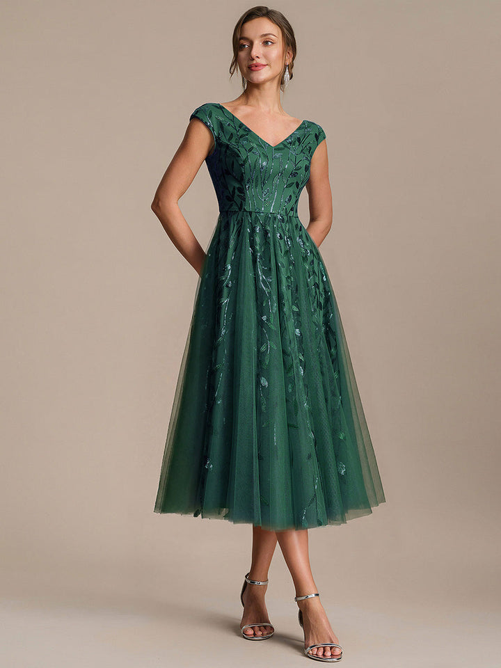 V-Neck Midi Sequin Sleeveless Wedding Guest Dress