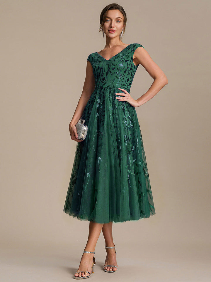 V-Neck Midi Sequin Sleeveless Wedding Guest Dress