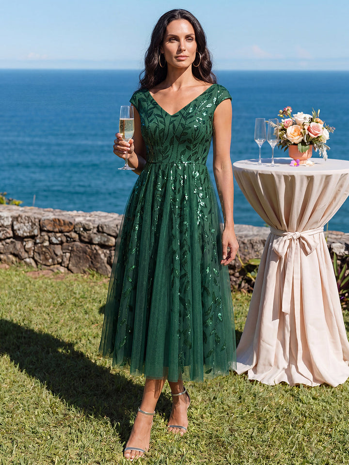 V-Neck Midi Sequin Sleeveless Wedding Guest Dress