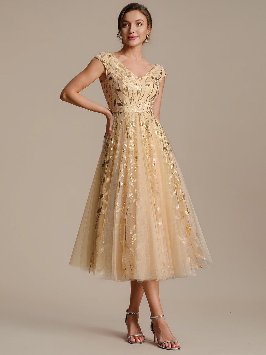 V-Neck Midi Sequin Sleeveless Wedding Guest Dress