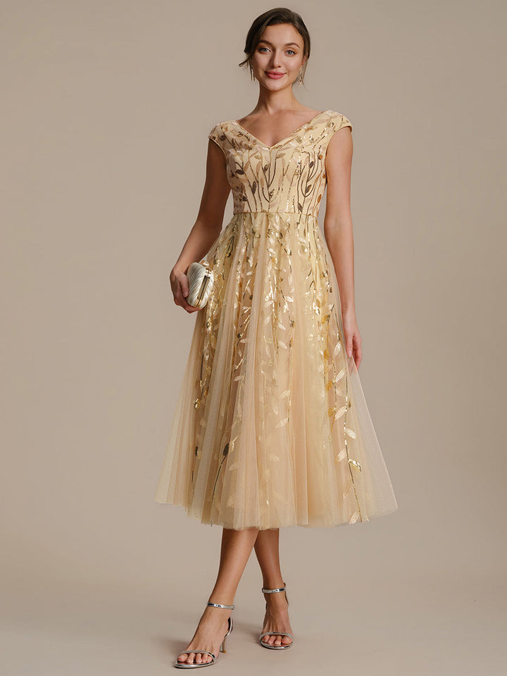 V-Neck Midi Sequin Sleeveless Wedding Guest Dress