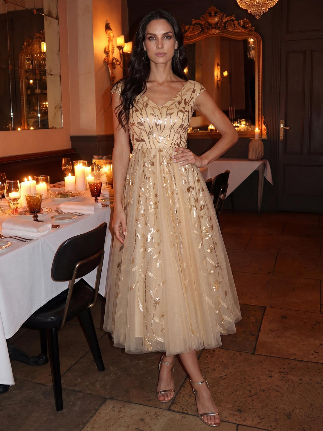 V-Neck Midi Sequin Sleeveless Wedding Guest Dress
