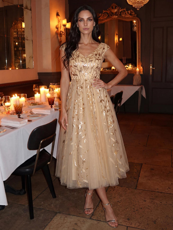 V-Neck Midi Sequin Sleeveless Wedding Guest Dress