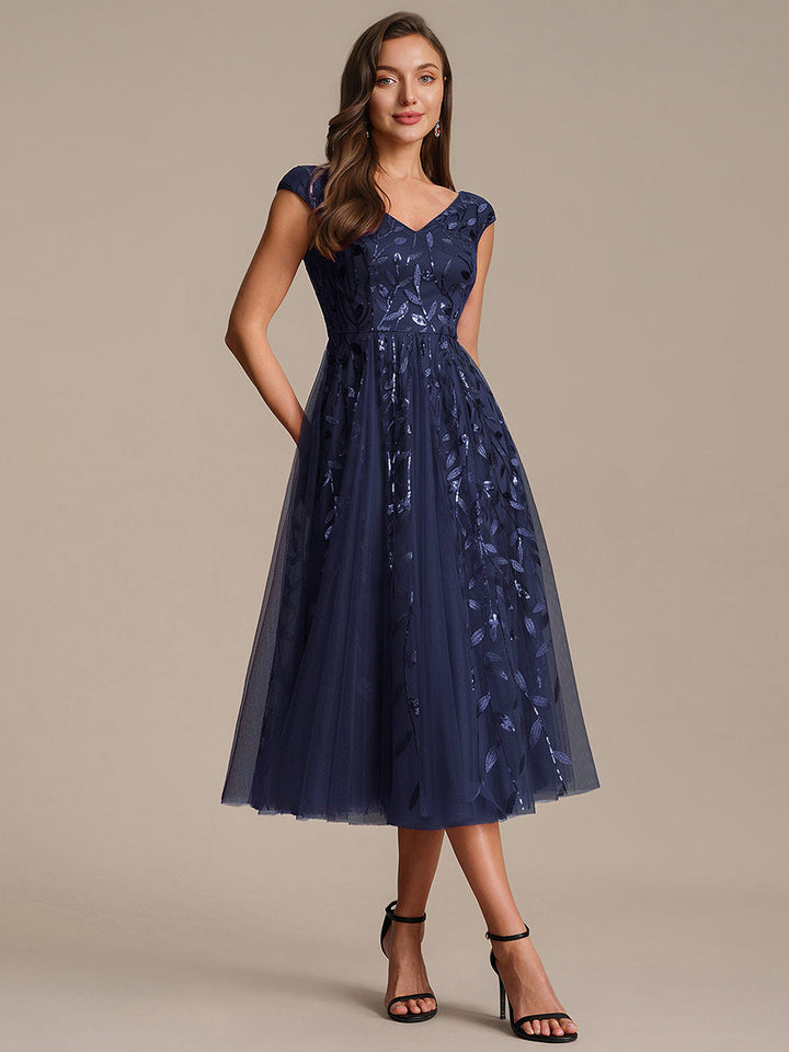 V-Neck Midi Sequin Sleeveless Wedding Guest Dress
