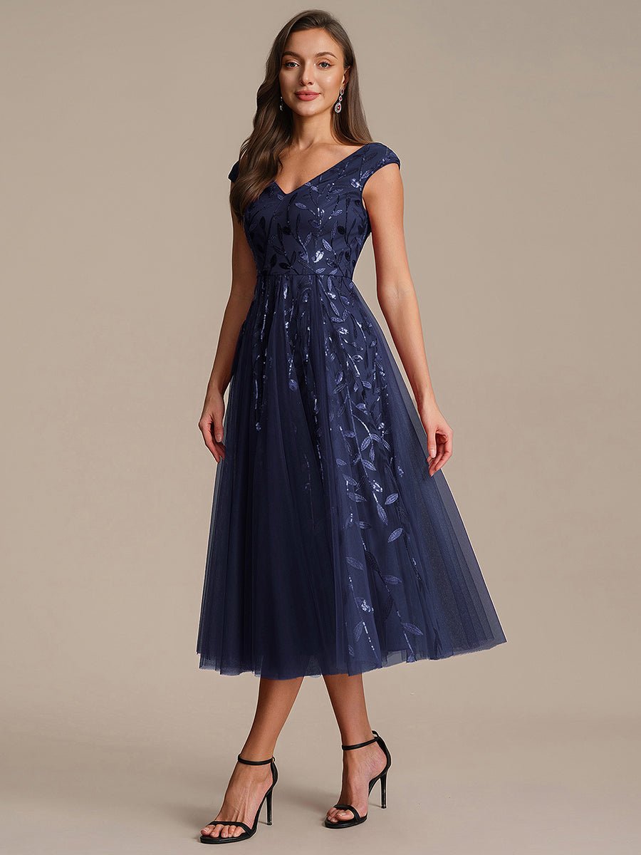V-Neck Midi Sequin Sleeveless Wedding Guest Dress