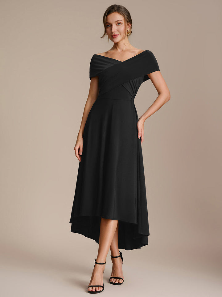 Knit Off-the-shoulder Sleeve A-Line Wedding Guest Dress
