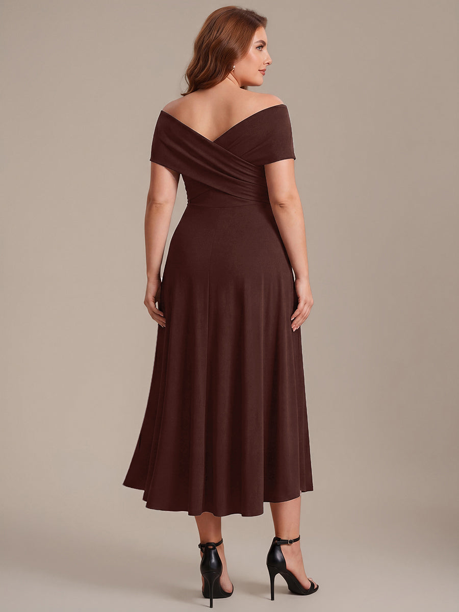 Plus Size Knit Off-the-shoulder Sleeve Wedding Guest Dress