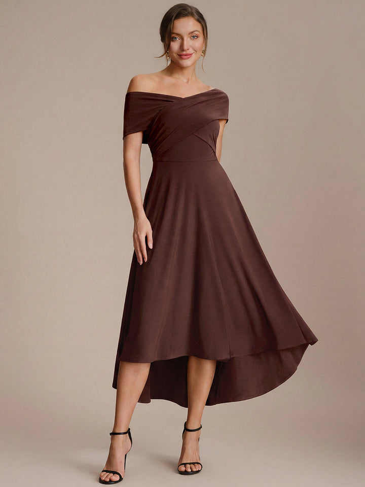 Knit Off-the-shoulder Sleeve A-Line Wedding Guest Dress
