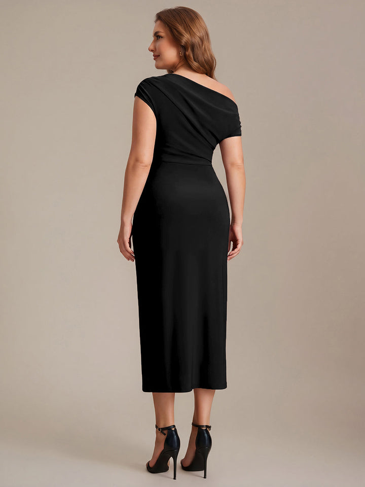 Plus Size One-Shoulder Knit Wedding Guest Dress