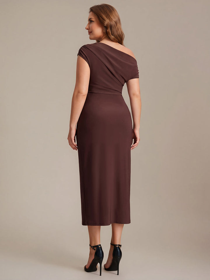 Plus Size One-Shoulder Knit Wedding Guest Dress