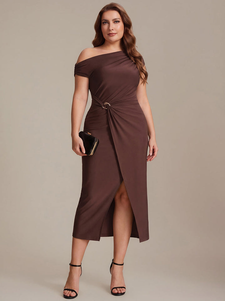 Plus Size One-Shoulder Knit Wedding Guest Dress