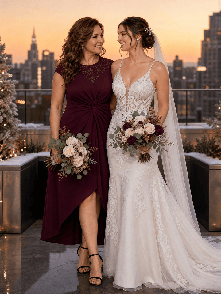 See-through Crepe Cap Sleeve Wedding Guest Dress