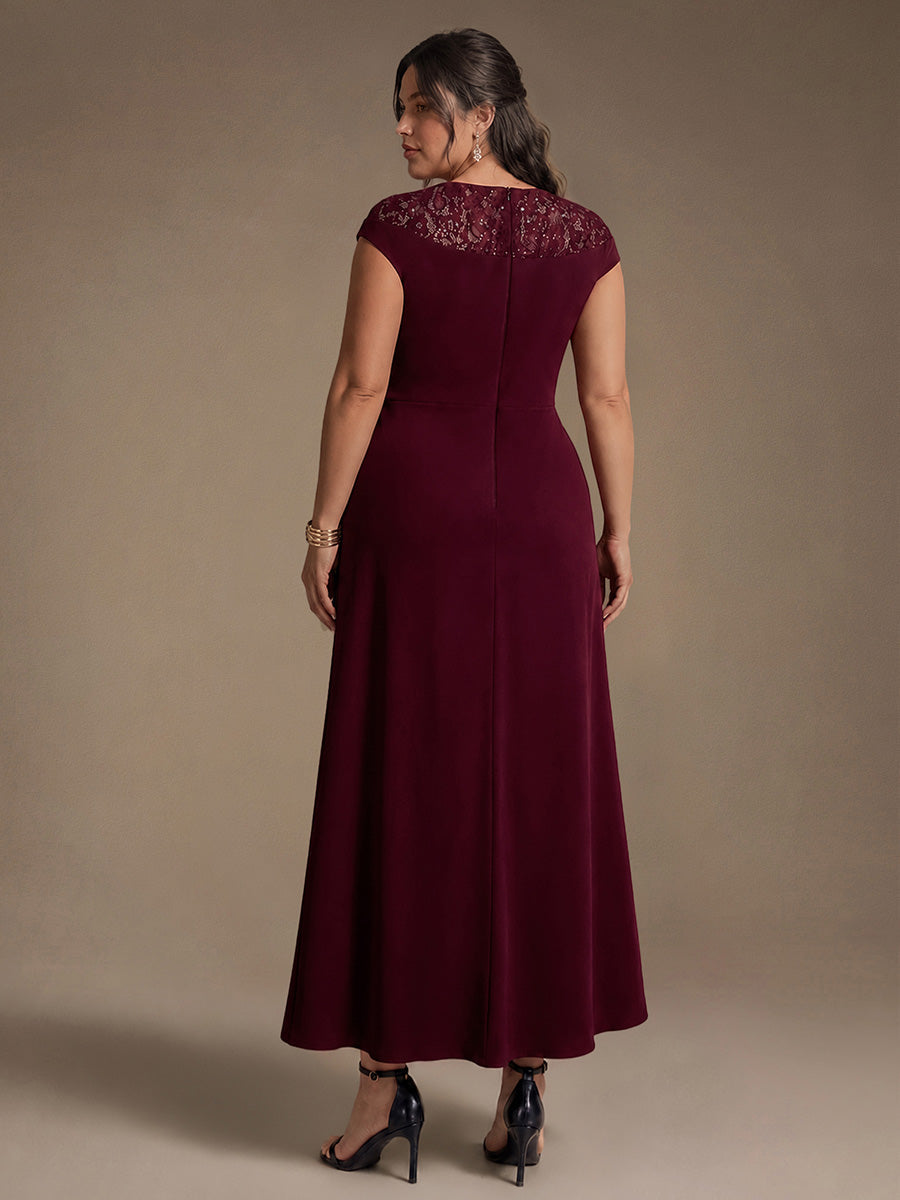 See-through Crepe Cap Sleeve Wedding Guest Dress