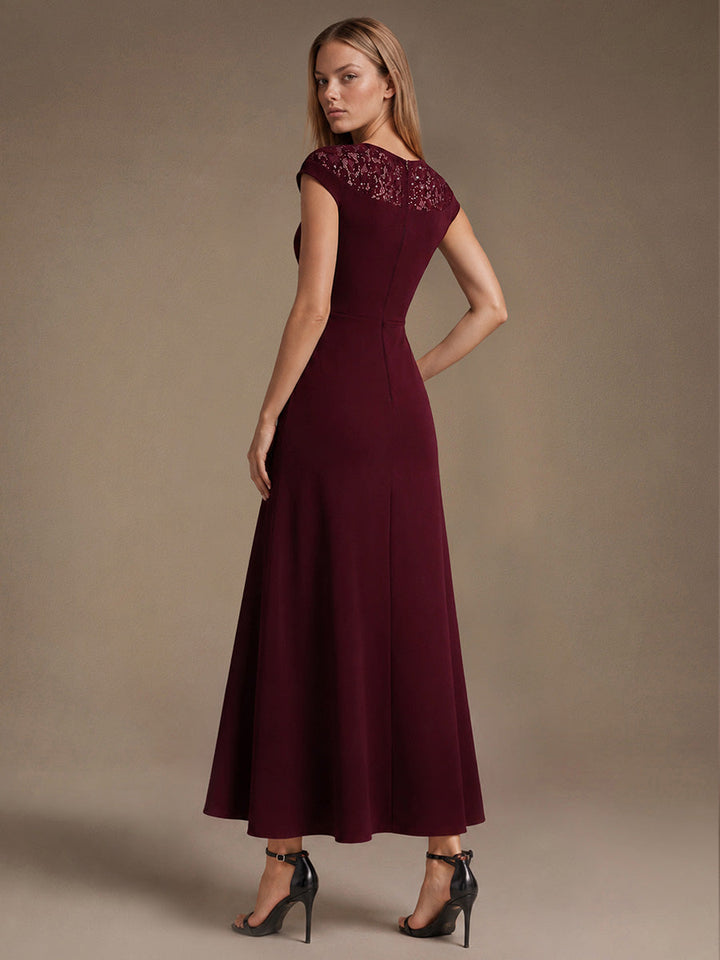 See-through Crepe Cap Sleeve Wedding Guest Dress
