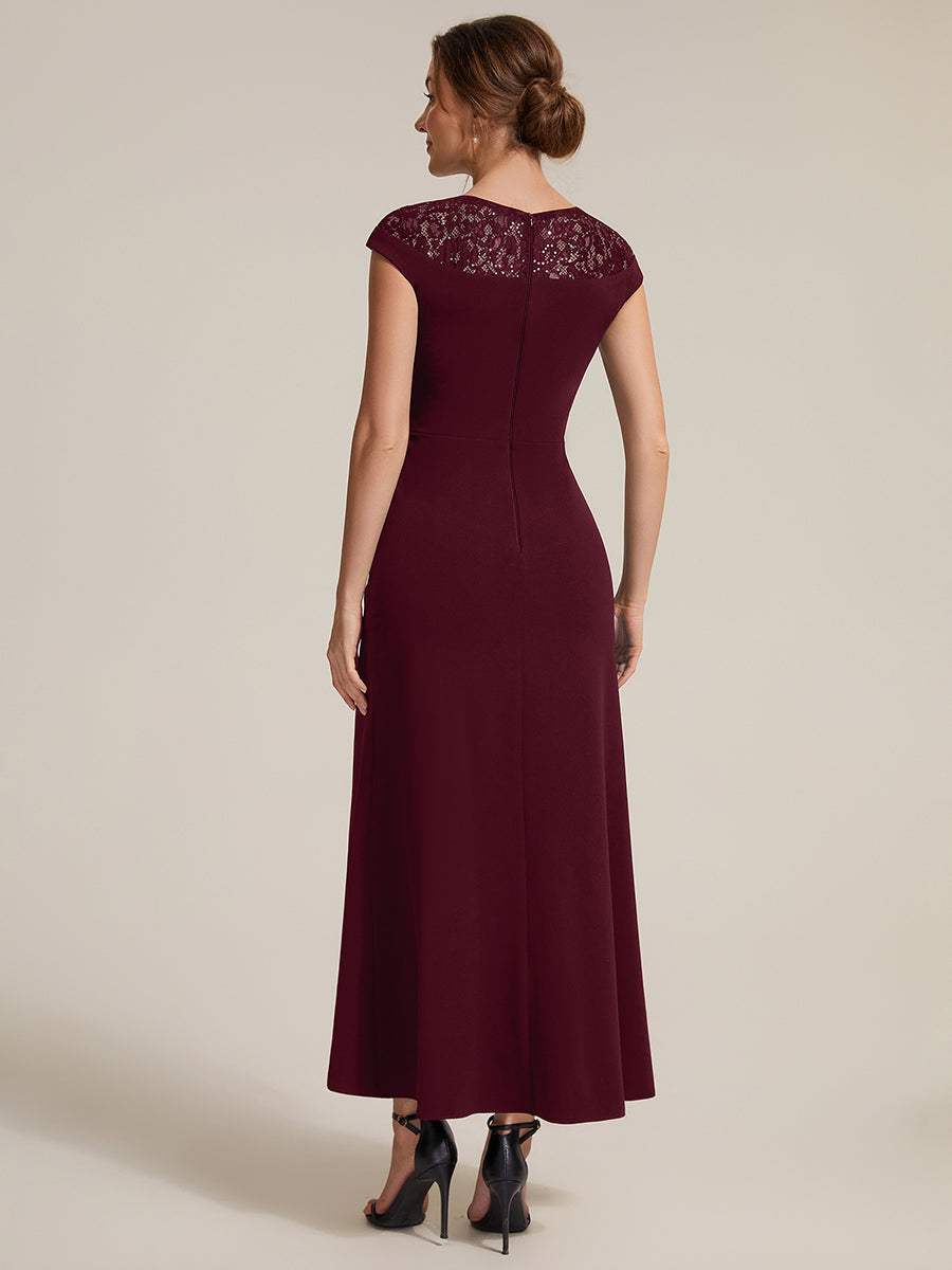 See-through Crepe Cap Sleeve Wedding Guest Dress