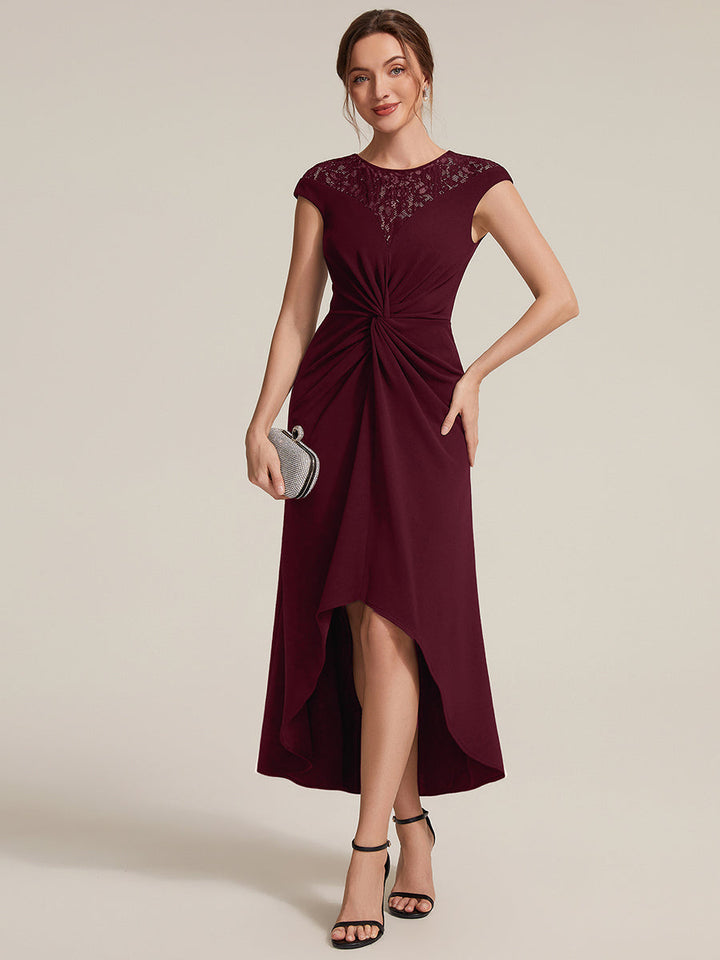 See-through Crepe Cap Sleeve Wedding Guest Dress