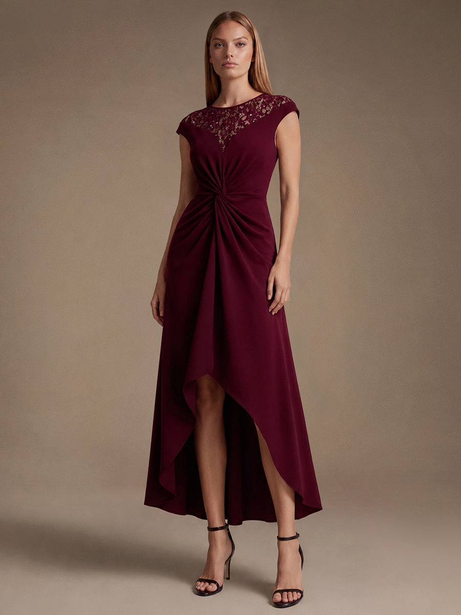 See-through Crepe Cap Sleeve Wedding Guest Dress