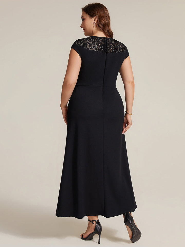 See-through Crepe Cap Sleeve Wedding Guest Dress