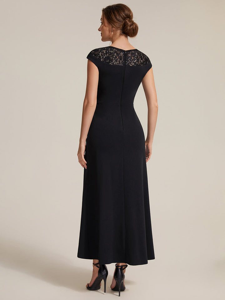 See-through Crepe Cap Sleeve Wedding Guest Dress