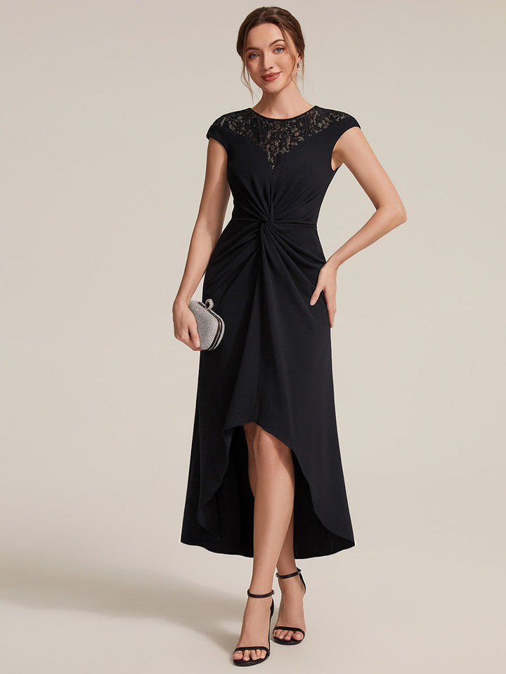 See-through Crepe Cap Sleeve Wedding Guest Dress