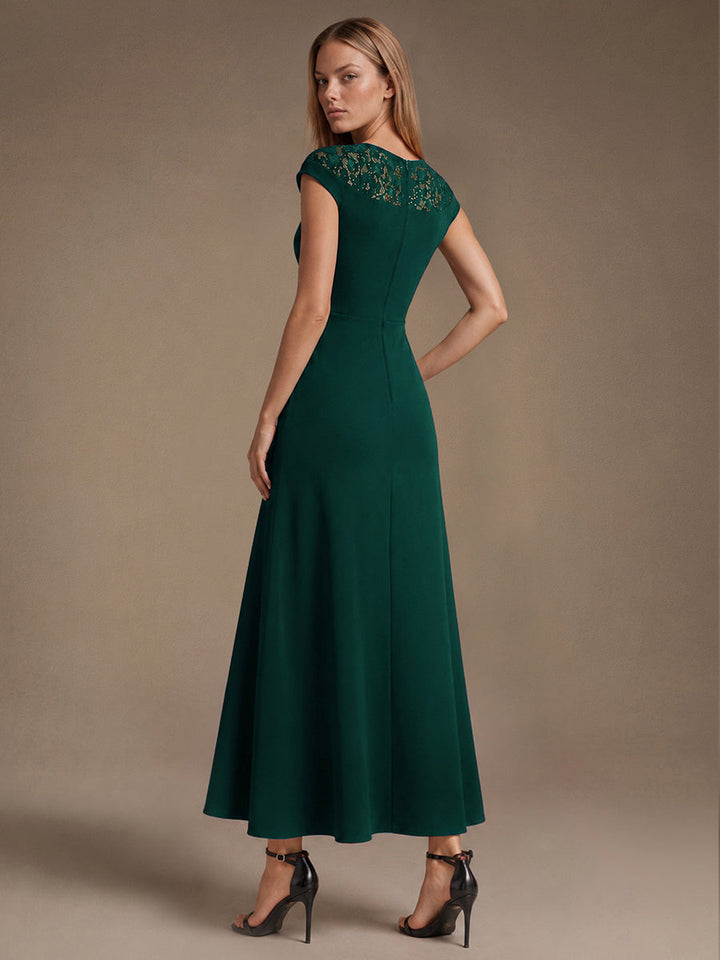 See-through Crepe Cap Sleeve Wedding Guest Dress